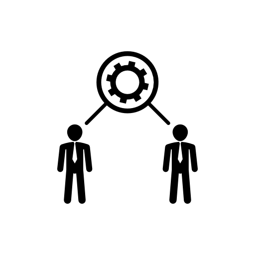 Two businessmen under a cogwheel symbol